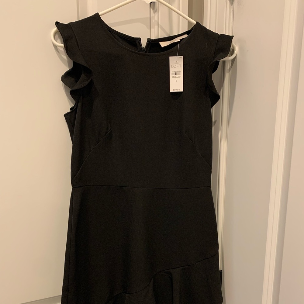 Loft Black Midi Dress with ruffle sleeves and ruffles at the bottom. Size 0